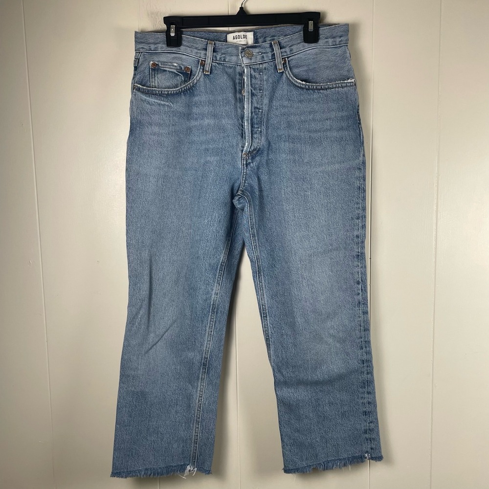 AGOLDE Lana High Rise Straight Leg Jeans‎ Light Wash Distressed Frayed Hem Sz 28